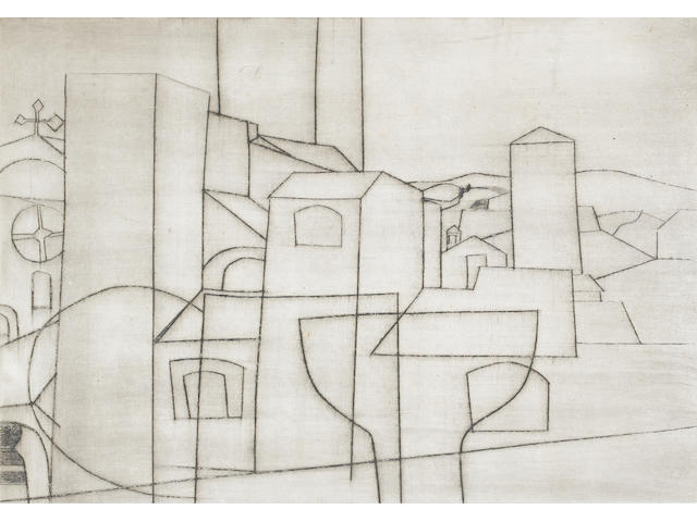 Ben Nicholson O.M. (British, 1894-1982) San Gimignano Drypoint, with plate tone, 1953, on off white wove, from an edition of unrecorded size, signed, dated and titled in pencil, 175 x 255mm (6 5/6 x 10in)(PL) 208 x 272mm (8 1/4 x 10 2/3in)(SH)