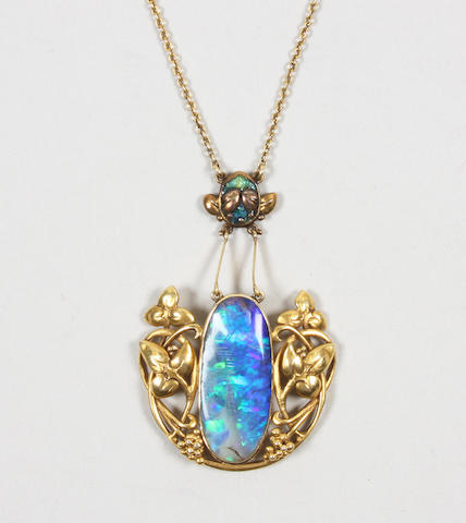 Bonhams : An Art Nouveau gold, black opal and enamel pendant necklace ...