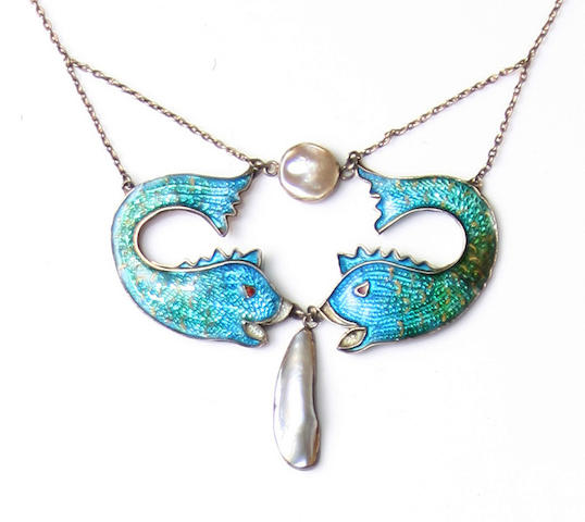 An enamel and mother-of-pearl pendant necklace by C. Tree Unmarked,