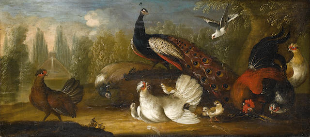 Marmaduke Cradock (Somerset 1660-1717 London) A peacock and a peahen with a cockerel and other fowl