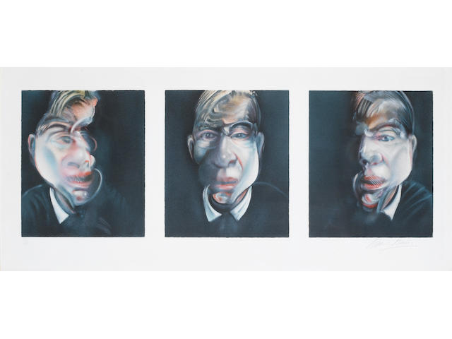 Francis Bacon (British, 1909-1992) Three Studies for a Self Portrait Three lithographs, 1979, printed in colours on a single sheet of Arches paper, signed and numbered 32/150 in pencil, printed by Arts-Litho, Paris, published by Editions de la Diff&#233;rence, Paris, 327 x 281mm (12 5/6 x 11in)(each image)(470 x 1035mm (18 1/2 x 40 34in)(SH)