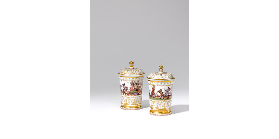 A very rare pair of Meissen covered tobacco jars Circa 1725.