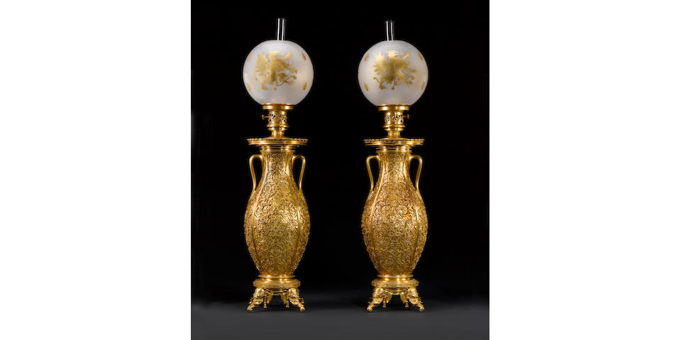 An important pair of French late 19th century gilt bronze persan-style amphora-lamps Designed by Edouard Li&#232;vre, executed by Ferdinand Barbedienne