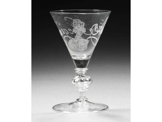 An important Dutch-engraved fa&#231;on de Venise wine glass with portrait of Queen Mary II Circa 1695.