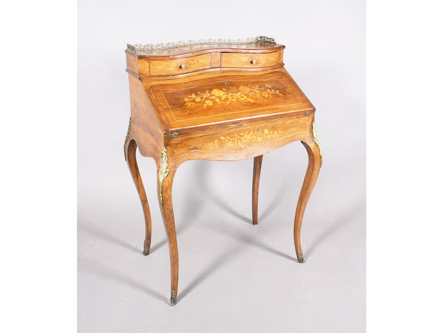 A late 19th Century French Louis XV style rosewood, floral marquetry and line inlaid bureau de dame