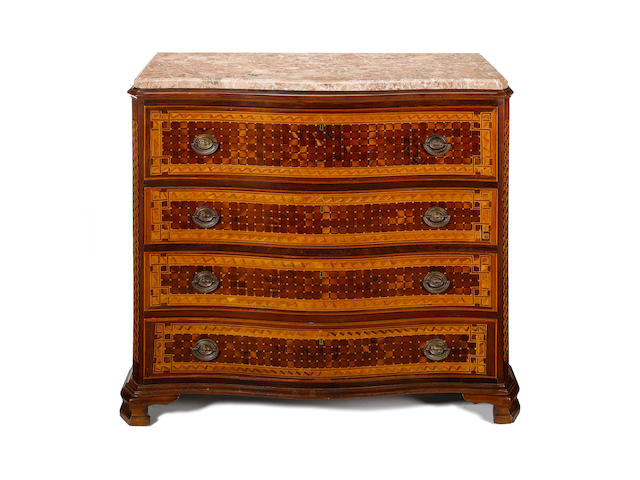 A pair of Iberian 18th century and later walnut, satin&#233; and fruitwood parquetry commodes