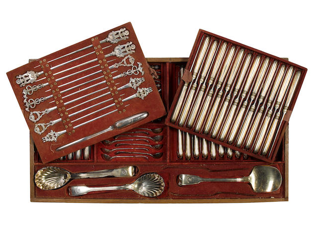 A William IV extensive silver and silver-gilt Fiddle and Thread pattern table service of flatware, contained in a travelling canteen box, by Mary Chawner, London 1836,