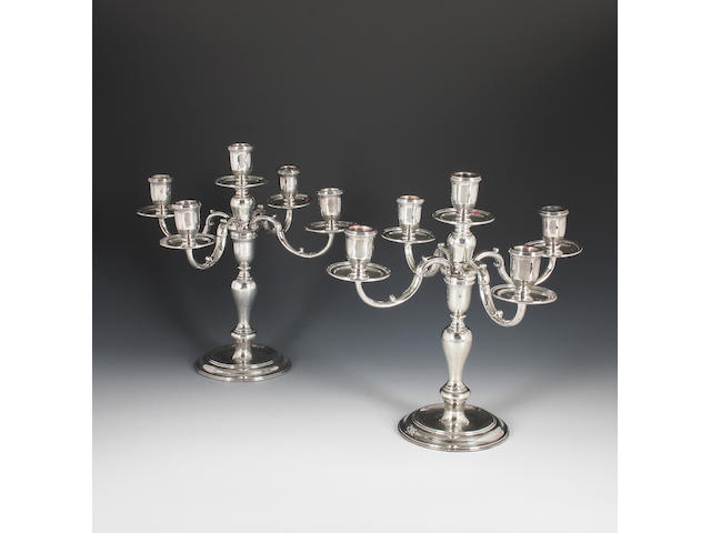 A pair of silver five light candelabra By C J Vander Ltd, London, 1964,  (2)