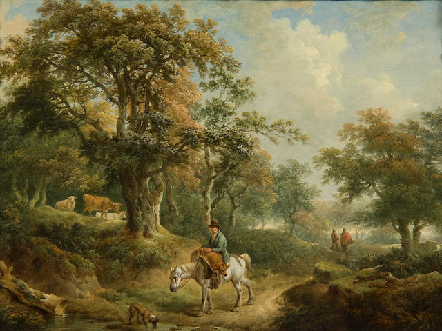 Charles Towne (British, 1763-1840) A wooded landscape with a man on horseback carrying a calf to market, and travellers and cattle nearby