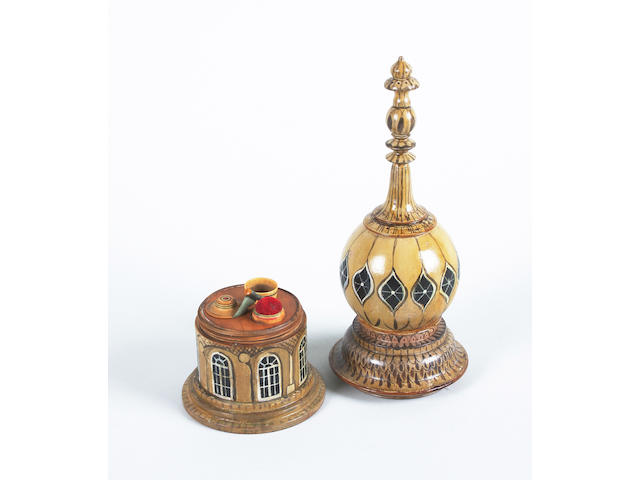 A rare George IV Brighton Pavilion painted sewing compendium in the form of a Pavilion tower