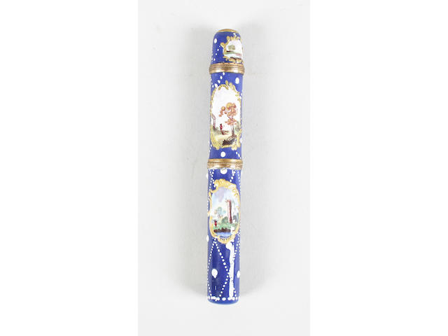 A good Staffordshire enamel 18th century cylinder bodkin case, scent bottle and thimble