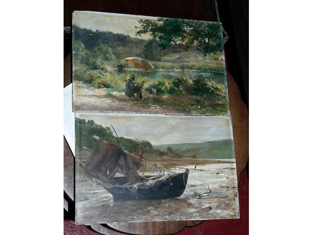 British School, circa 1900 Artist sketching at a riverside; and another of a beached fising boat a pair, one signed 'George', oil on board, unframed 26.5 x 40.5cm.  ((2))