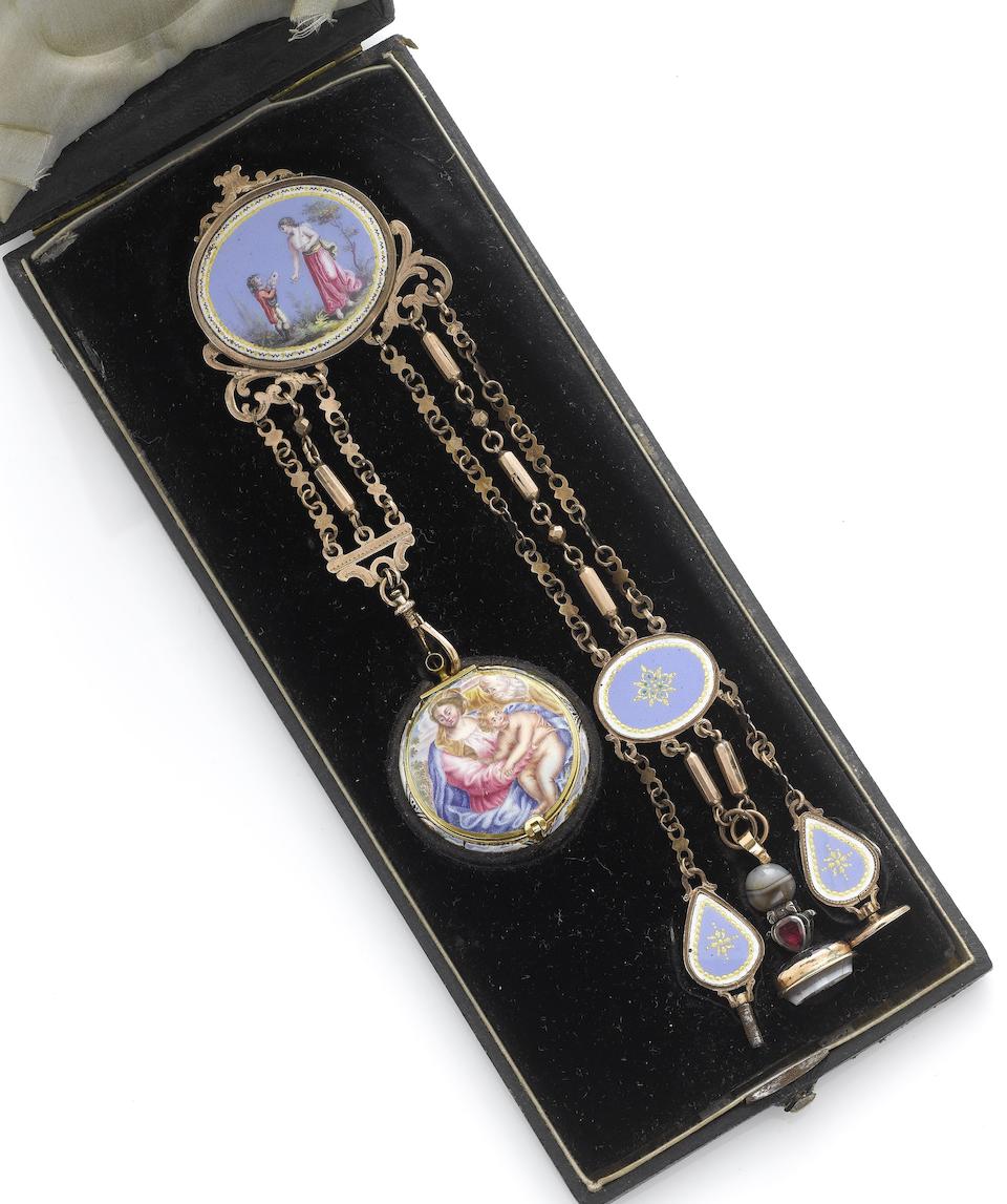 Jean Rousseau. A fine and rare gold and enamel case pre-balance spring verge watch with later chatelaine and boxCirca 1660