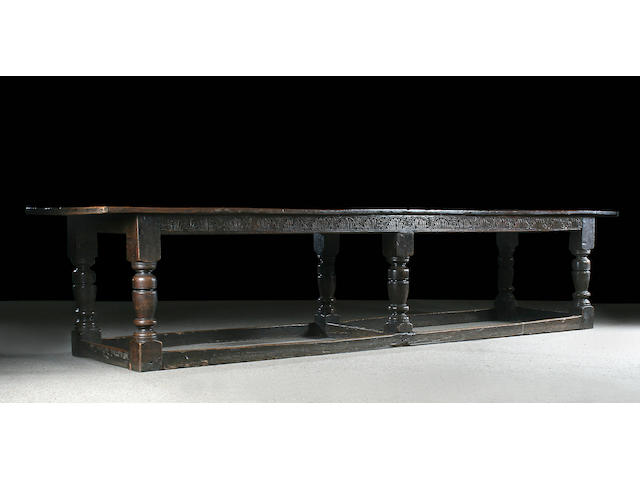 A rare mid 17th Century large oak six leg refectory table
