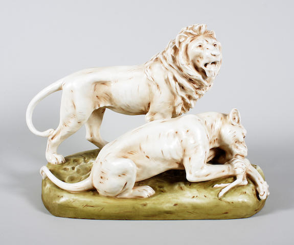 An Austrian porcelain model of two lions Circa 1900.