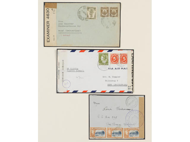 Covers: Censored: British West Indies &#150; WWII censored mail: A fascinating collection of mainly commercial covers, censored at origin or in transit through various islands including a number of previously unrecorded usages, items inc. Antigua late use of &#145;IB/246&#146; label; Bahamas &#145;G&#146; & &#145;IG&#146; labels; Barbados &#145;H/19&#146;; Bermuda interrupted mail ex Curacao & Mexico; scarce Caymans pair with different &#145;D41&#146; censors; Dominica &#145;R/60&#146;; Grenada &#145;SS/2&#146;; much Jamaica including large airmail item (1940) with KGV 10/- (also 1/- value with fault); St Kitts scarce large 3-ring &#145;crown&#146; mark in red (1939); Trinidad &#145;IE&#146; labels etc. Well-annotated and identified by Miller reference &#150; the lot includes a copy of &#147;British Empire Civil Censorship Devices of WWII&#148; (2006) and Wike&#146;s handbook on Trinidad & Tobago censorship. (233)