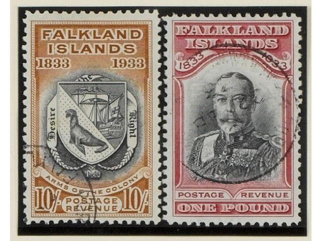 Falkland Islands: 1933: Centenary set fine used with the &#189;d., 1d., 1/- and possibly others with Madame Joseph forged c.d.s. (909)