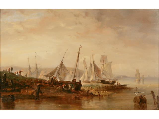 Follower of Thomas Luny (British,1759-1837) Fishing boats drawn up on a shore