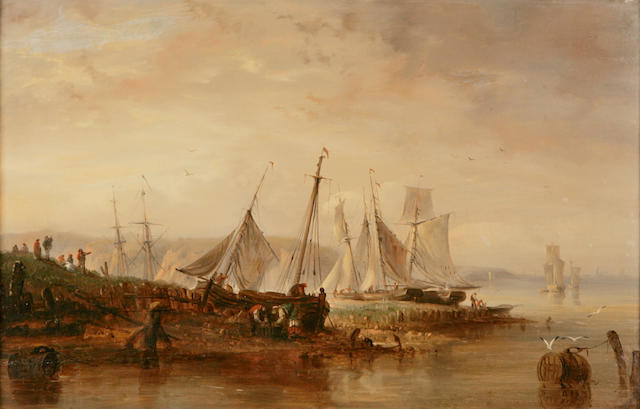 Follower of Thomas Luny (British,1759-1837) Fishing boats drawn up on a shore