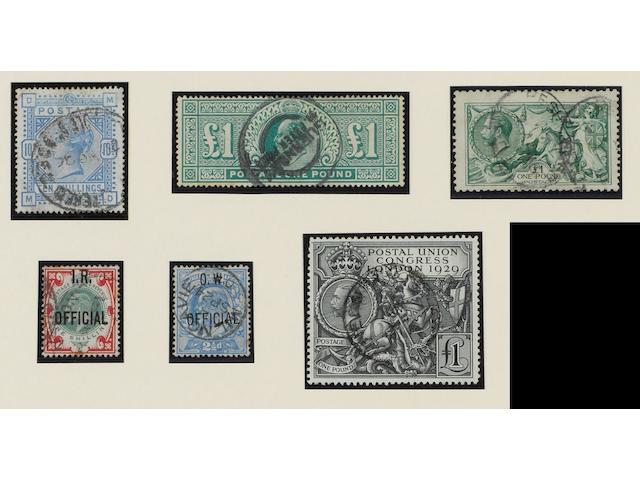 A mint and used collection in mixed condition contained in an album, with 1840 1d., 1883 10/-, K.EDVII with shades and printings incl. 10/- and &#163;1., 1913 Seahorses to &#163;1, 1929 P.U.C. &#163;1, etc., Officials, incl. 1902 I.R. 1/-, 1902 O.W. 2&#189;d., 1903 Admiralty incl 1&#189;d. and 2d, Postage Dues, also Lundy, Herm Island and 1953 Coronation omnibus issues. (503)