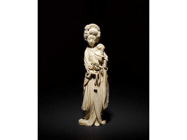 A superb ivory okimono of a standing Bijin Signed Hiromichi, Meiji Period