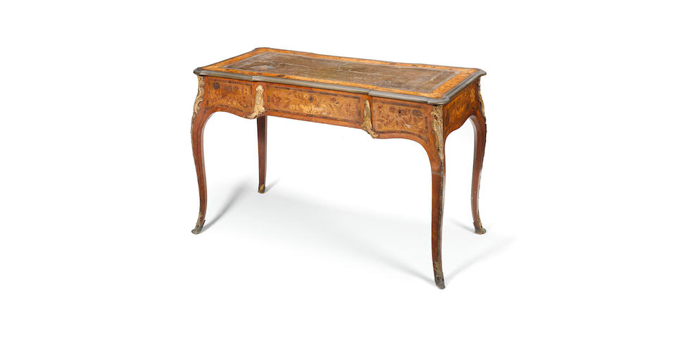 A Victorian rosewood and tulipwood crossbanded floral marquetry Bureau Plat by Edward Holmes Baldock, in the Louis XV style