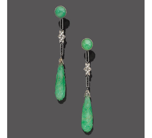 A pair of art deco jade, diamond and onyx pendent earrings,