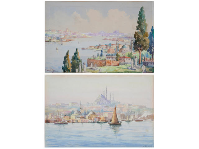 Cherif (Turkish, early 20th century) A view of Istanbul with the Golden Horn and Haggia Sophia, and 29 x 42cm (2).
