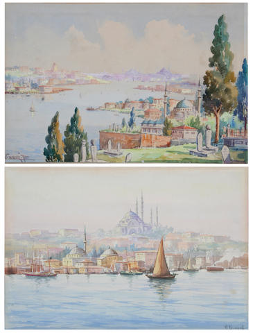 Cherif (Turkish, early 20th century) A view of Istanbul with the Golden Horn and Haggia Sophia, and 29 x 42cm (2).