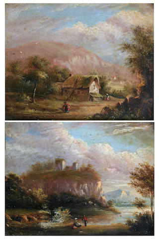 Follower of James Arthur O'Connor  (Irish, 1792-1841) River landscape with figures, together with another of a cottage with figure on a pathway, a pair,