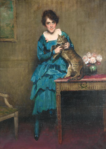 Belgian School, 19th Century Young girl with a cat