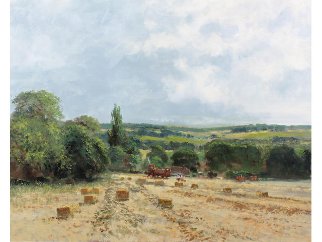 Charles Neal (British, 20th Century) 'Harvesting near Elkstone' 77.5 x 105cm.