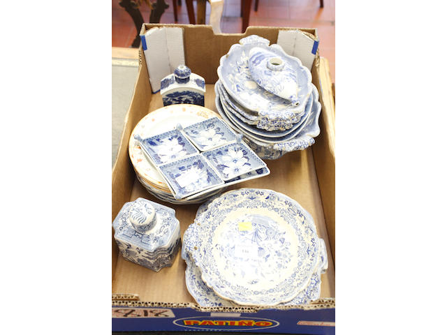 Various pieces of blue and white potter,
