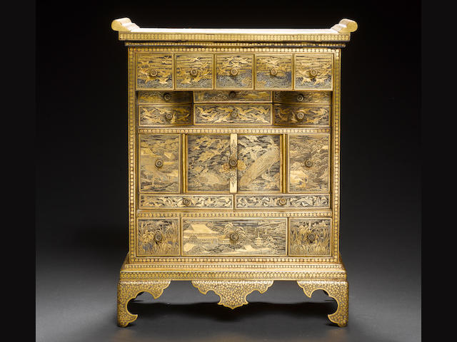 An inlaid miniature iron cabinet Attributed to the Komai company of Kyoto, Meiji Period
