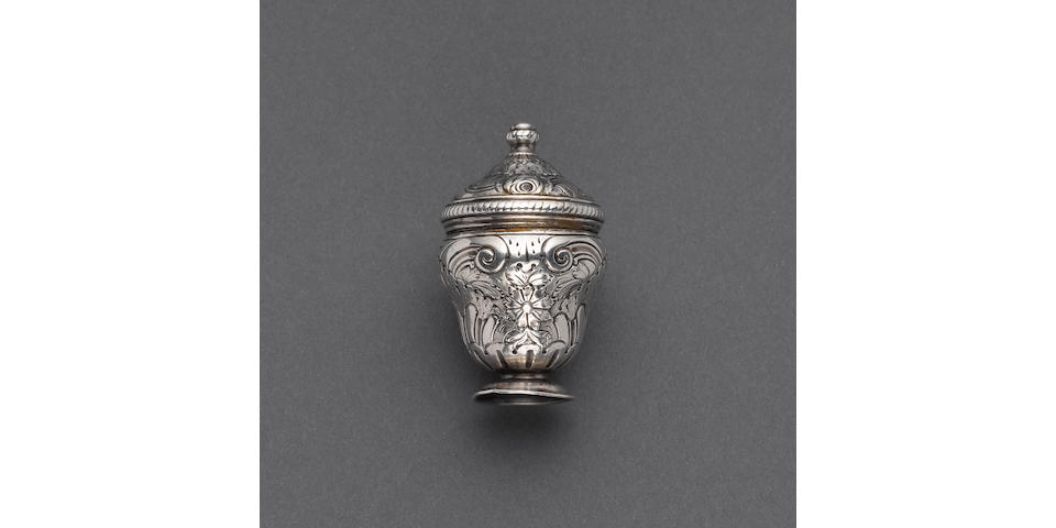 A George III silver urn-form nutmeg grater, maker's mark only, by Samuel Meriton II,