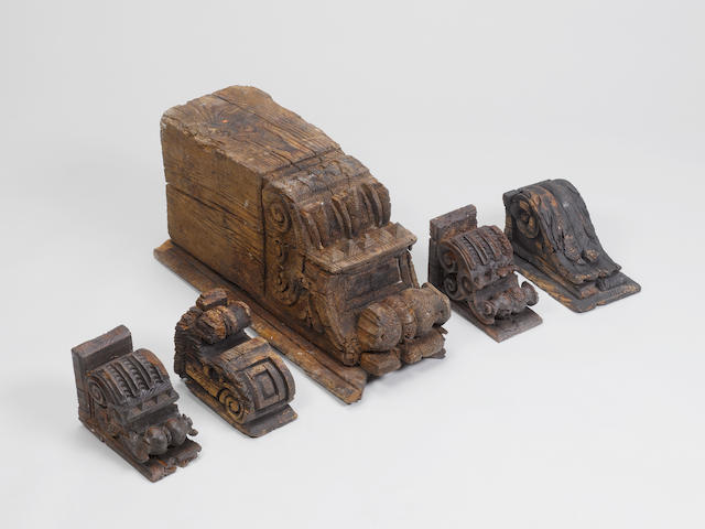 Five Mudejar carved wooden Corbels Spain, 13th-14th Century(5)