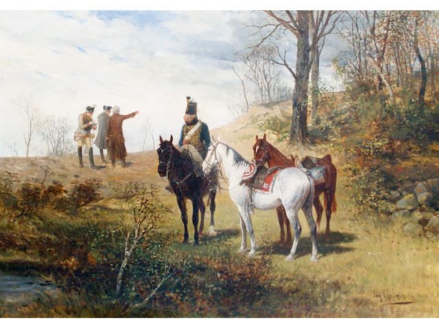 Follower of Jan van Chelminski (Polish, 1851-1925) Scouting the battlefield