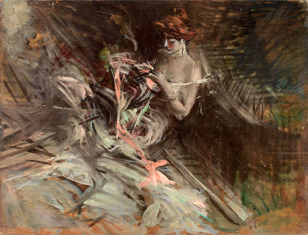 Giovanni Boldini (Italian, 1842-1931) The ball gown (Interior with young girl sewing)
