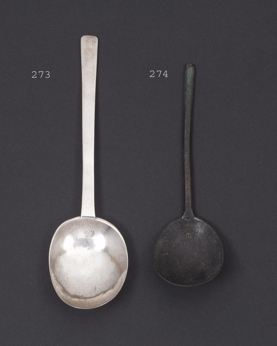A 17th century Latten slip top spoon, with touch mark to bowl,
