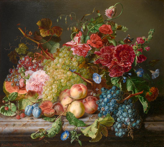 Amalie Kaercher (German, D.1871) Still life with fruit and flowers on a ledge