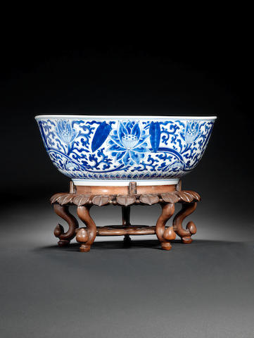 A large blue and white 'lotus' bowl Kangxi six-character mark and of the period
