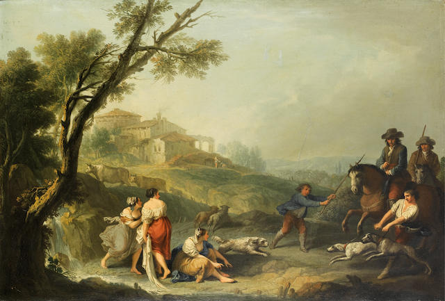 Francesco Zuccarelli (Pitigliano 1702-1788 Florence) An Italianate landscape with washerwomen beside a waterfall and horsemen and their dogs approaching; and An Italianate landscape (2)