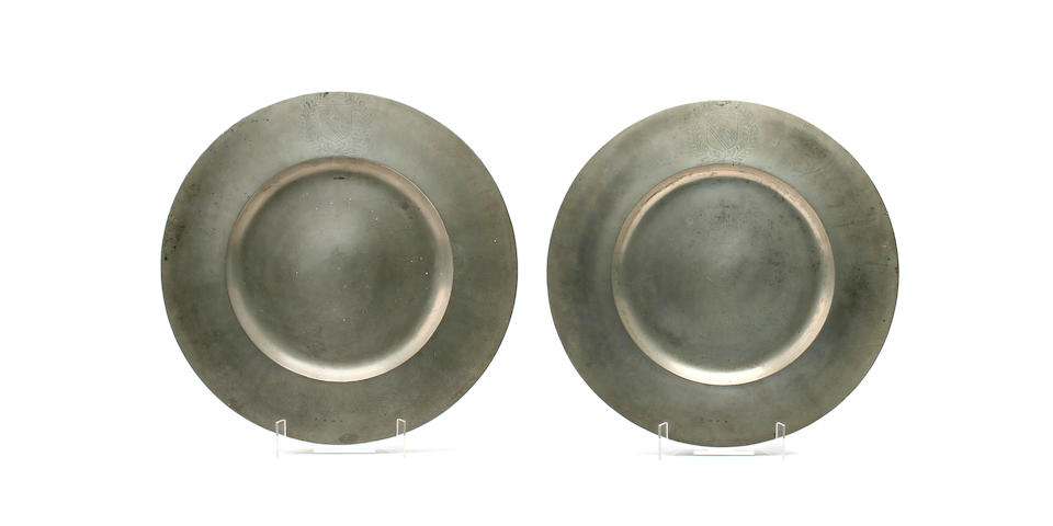 An impressive pair of large 17th Century broad rim chargers, circa 1625-35