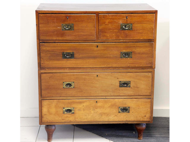 A Victorian teak military chest, in two parts, fitted with two short and three long drawers, 92cm.