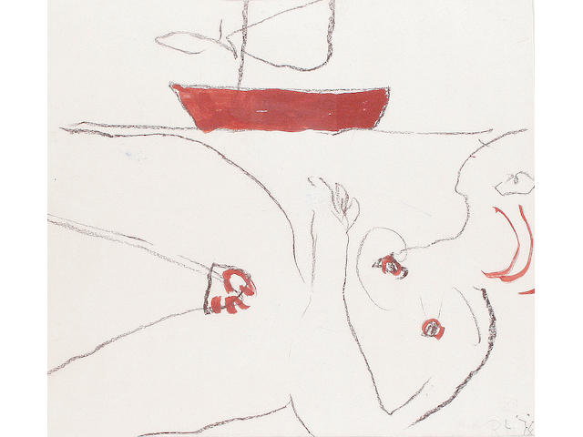 Roger Hilton (British, 1911-1975) Reclining nude with boat beyond