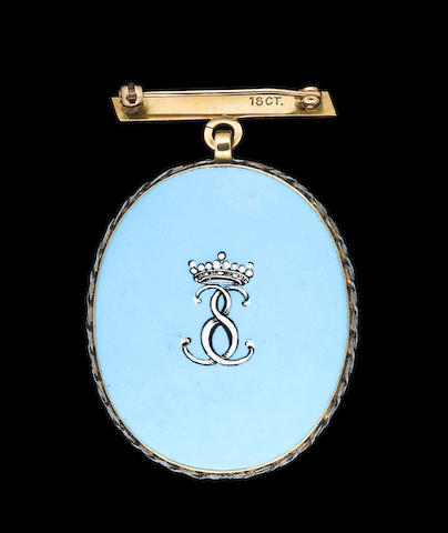English School, 17th Century A gold portrait miniature frame, the reverse of pale blue enamel with monogram in white of entwined S beneath a coronet, later bar pin attachment