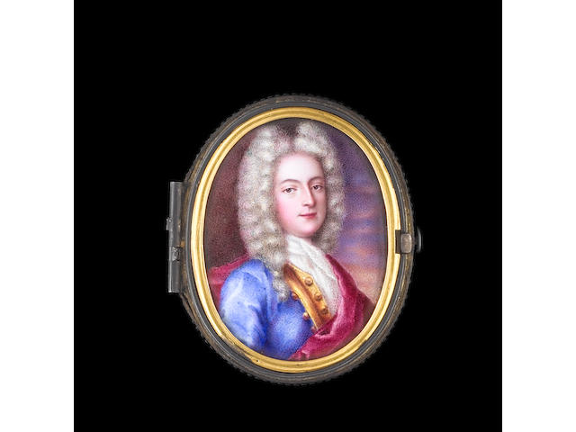 Daniel Gardelle (Swiss, 1679-1753) and Robert Gardelle (Swiss, 1682-1766) A rare portrait of a Gentleman, wearing blue coat with gold border and buttons, white lace cravat and red cloak, his curled wig worn long and powdered