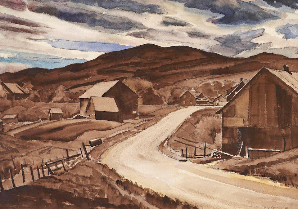 Frederick Bourchier Taylor , RCA (1906-1987) 'Quebec country road through the village' and 'Figures outside a Quebec farm'