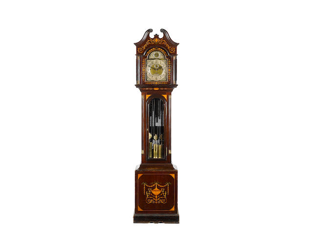An early 20th century inlaid mahogany quarter chiming longcase clock Marcus Falk, 82 Grey Street, Newcastle-on-Tyne
