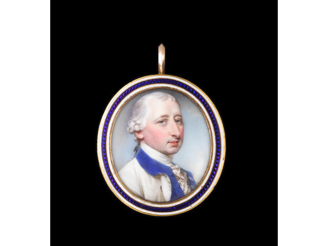 Jeremiah Meyer, RA (British, 1735-1789) Josiah Martin (1737&#8211;1786), wearing white coat with blue collar and lining, matching blue waistcoat, frilled white chemise and powdered wig worn en queue
